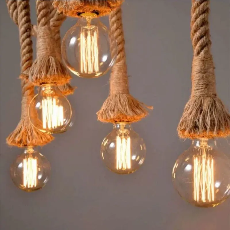 Industrial Vintage 6-Lights Island Pendant Light with Rope