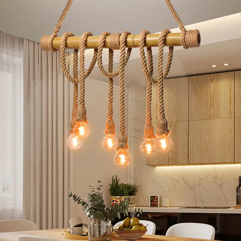 Industrial Vintage 6-Lights Island Pendant Light with Rope