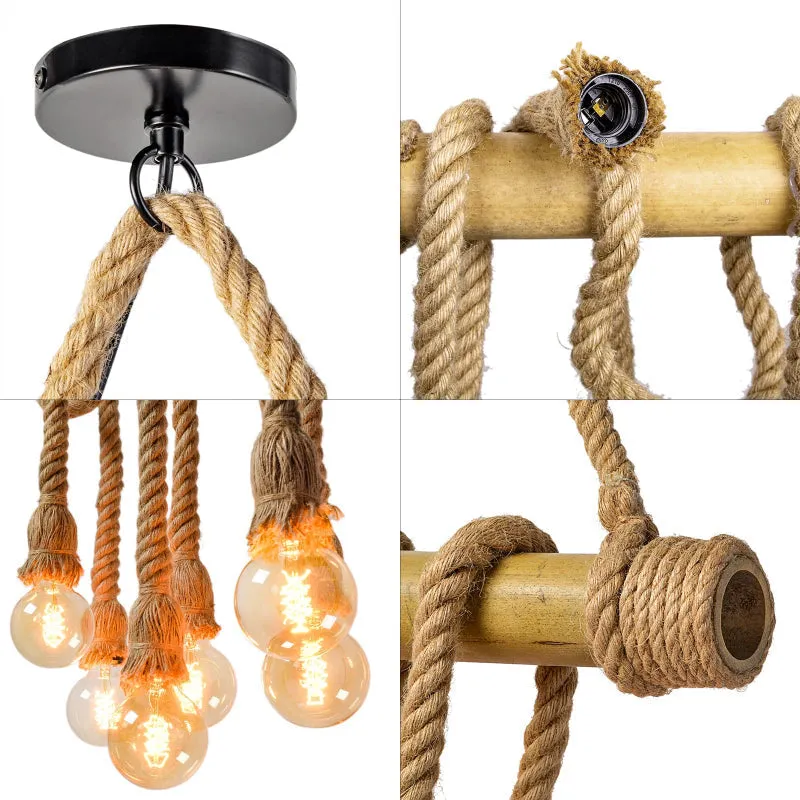 Industrial Vintage 6-Lights Island Pendant Light with Rope