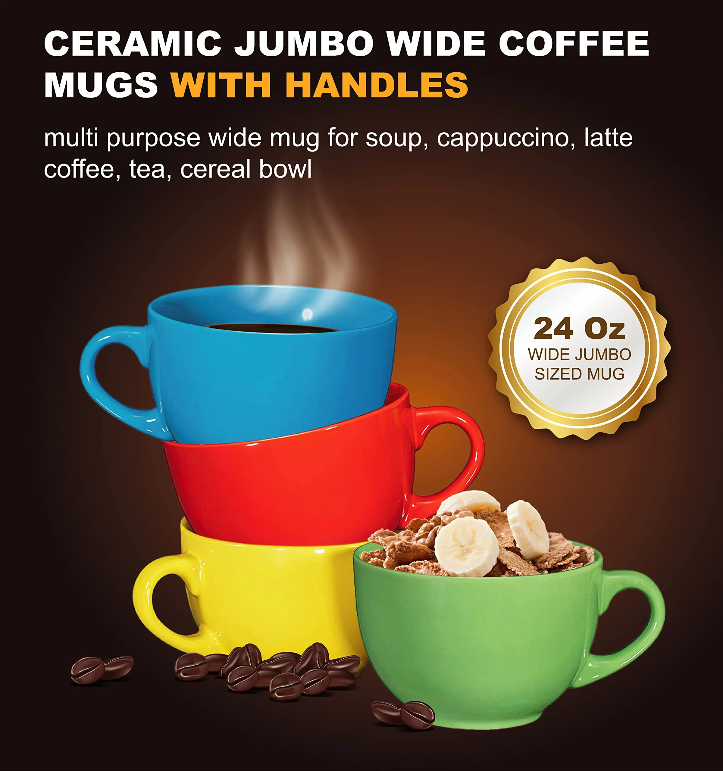 Jumbo Coffee and Cereal Set of 4 Jumbo Mugs, 24 Ounce, Multi Purpose Wide Mug for Soup