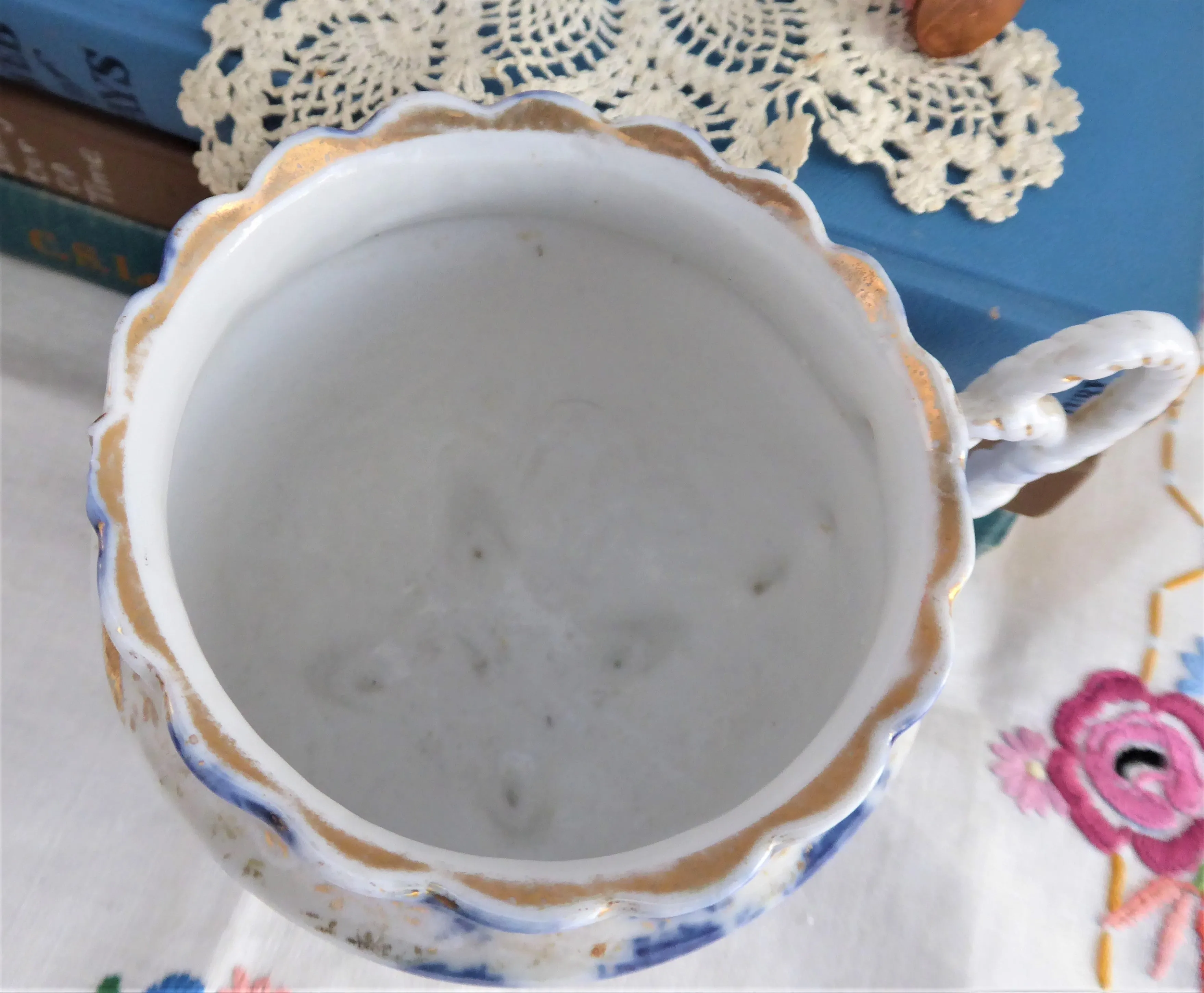 Large Fancy Victorian Mug Courting Couple Gold Cobalt Blue 1890s Cup 3 Feet