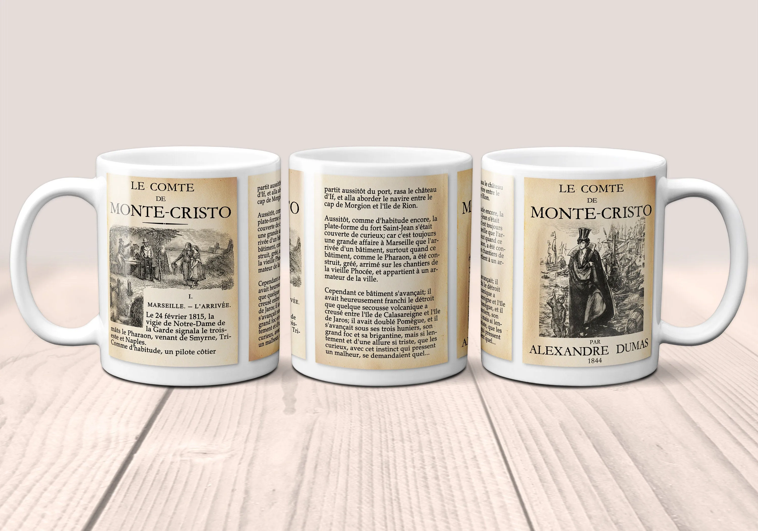 Le Comte de Monte-Cristo by Alexandre Dumas Mug. Coffee Mug with Monte-Cristo book Title and Book Pages, bookish gift, Literary Mug,Book Mug