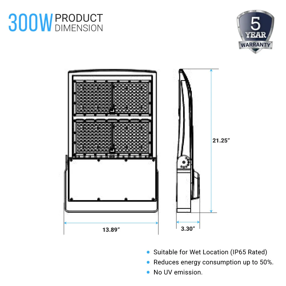 LED Flood Light 300W - High Voltage - Bronze Finish - AC200-480V - 42000 Lumens - 5700K - DLC Qualified Outdoor Lights