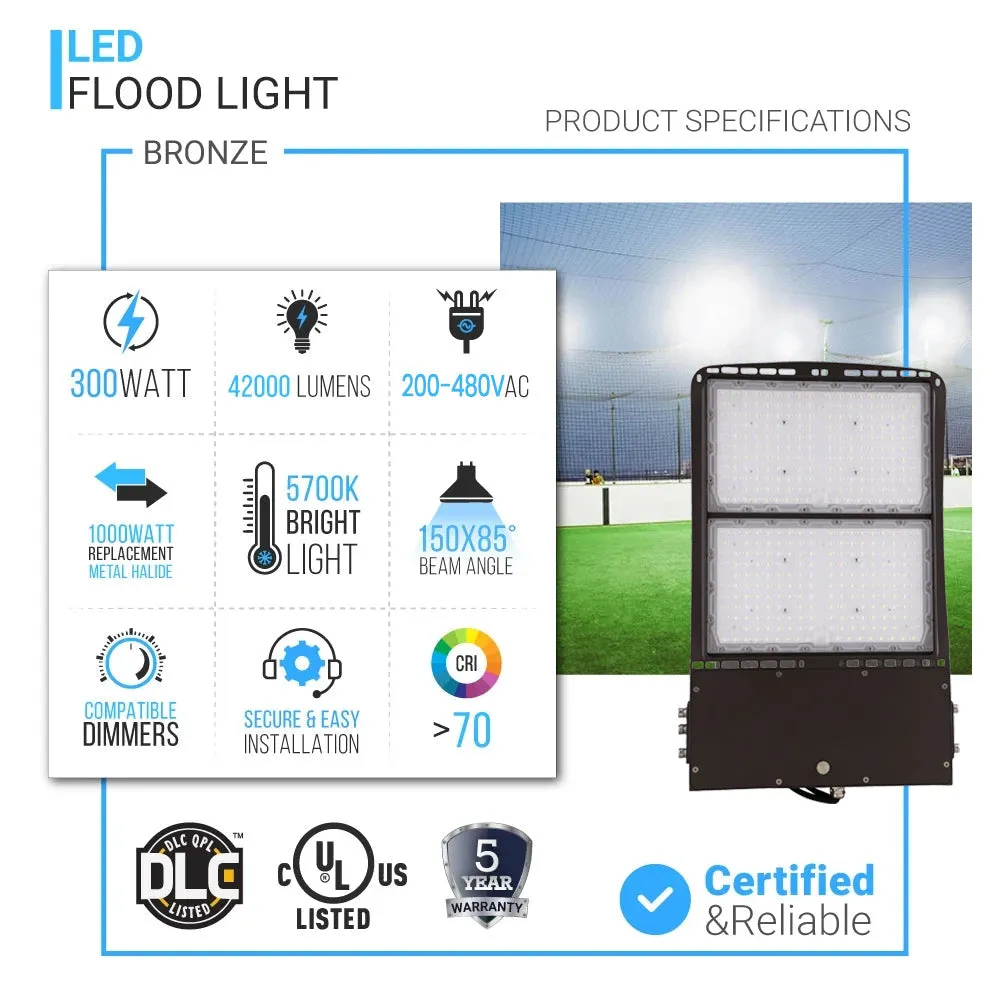 LED Flood Light 300W - High Voltage - Bronze Finish - AC200-480V - 42000 Lumens - 5700K - DLC Qualified Outdoor Lights