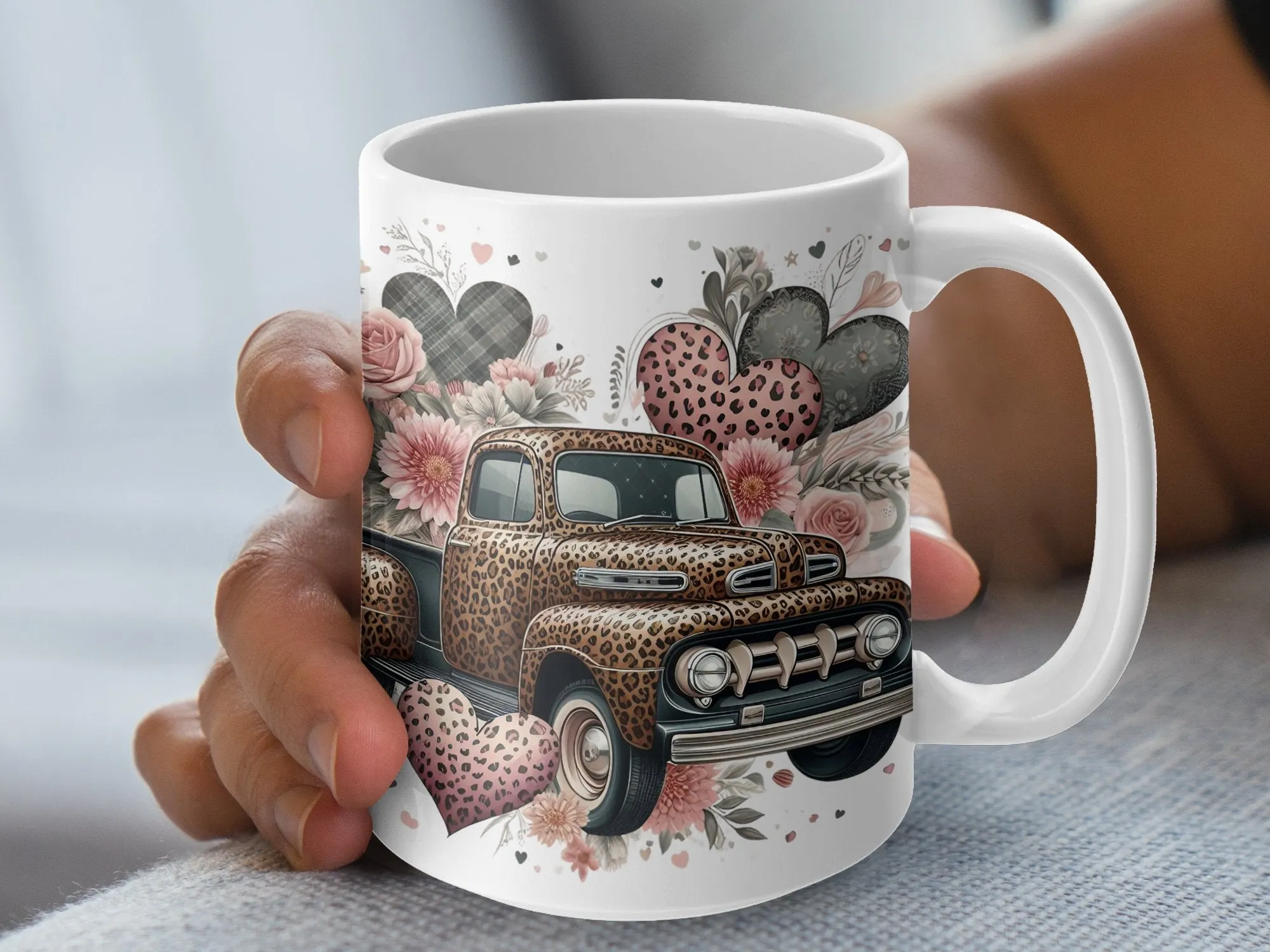 Leopard Print Truck Hearts Coffee Mug, Gift for Her, Gift for Mom, Mom Mug, Gift for Grandma, Mothers Day Gift, Personalized Gift for Mom