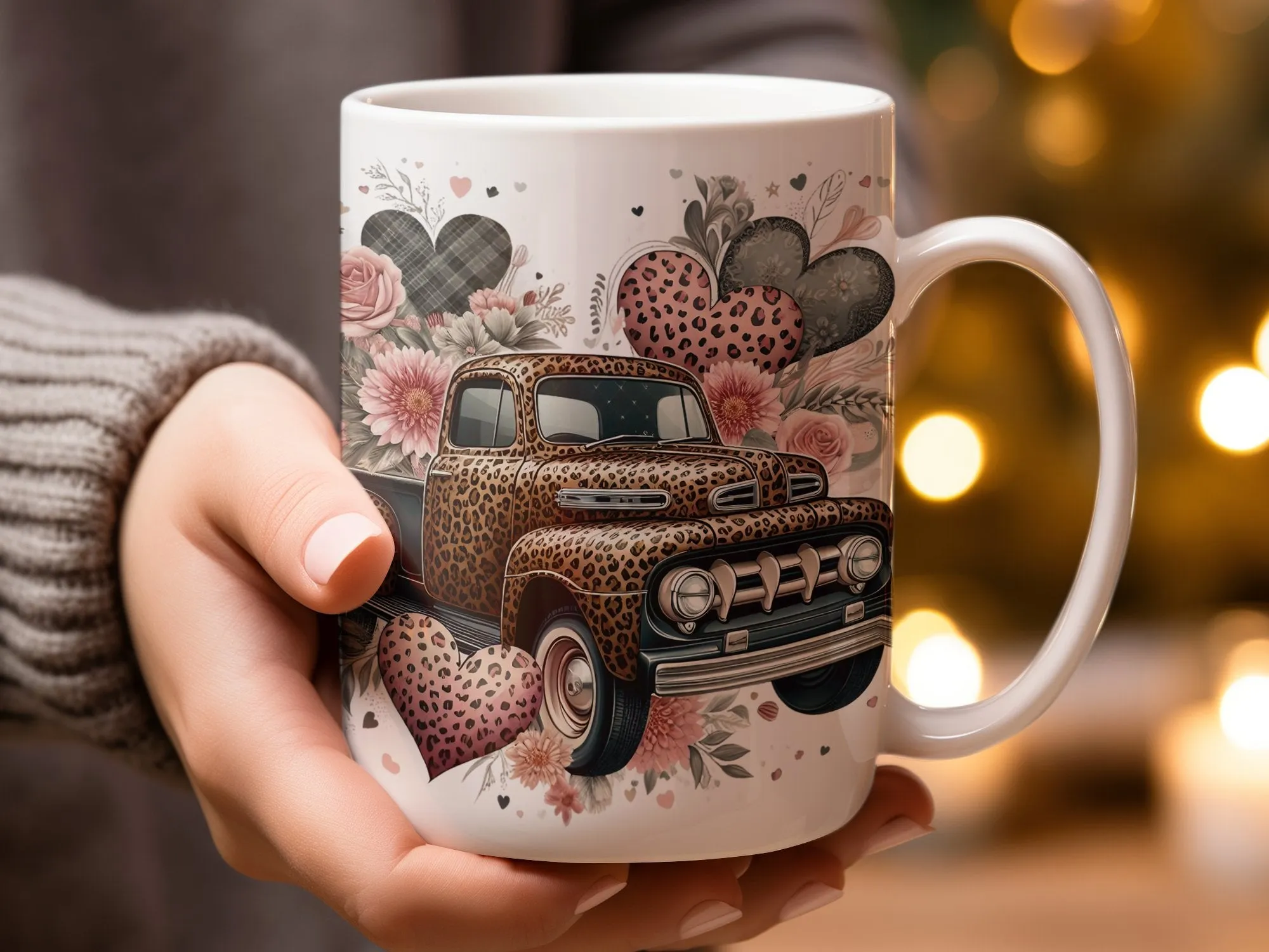 Leopard Print Truck Hearts Coffee Mug, Gift for Her, Gift for Mom, Mom Mug, Gift for Grandma, Mothers Day Gift, Personalized Gift for Mom