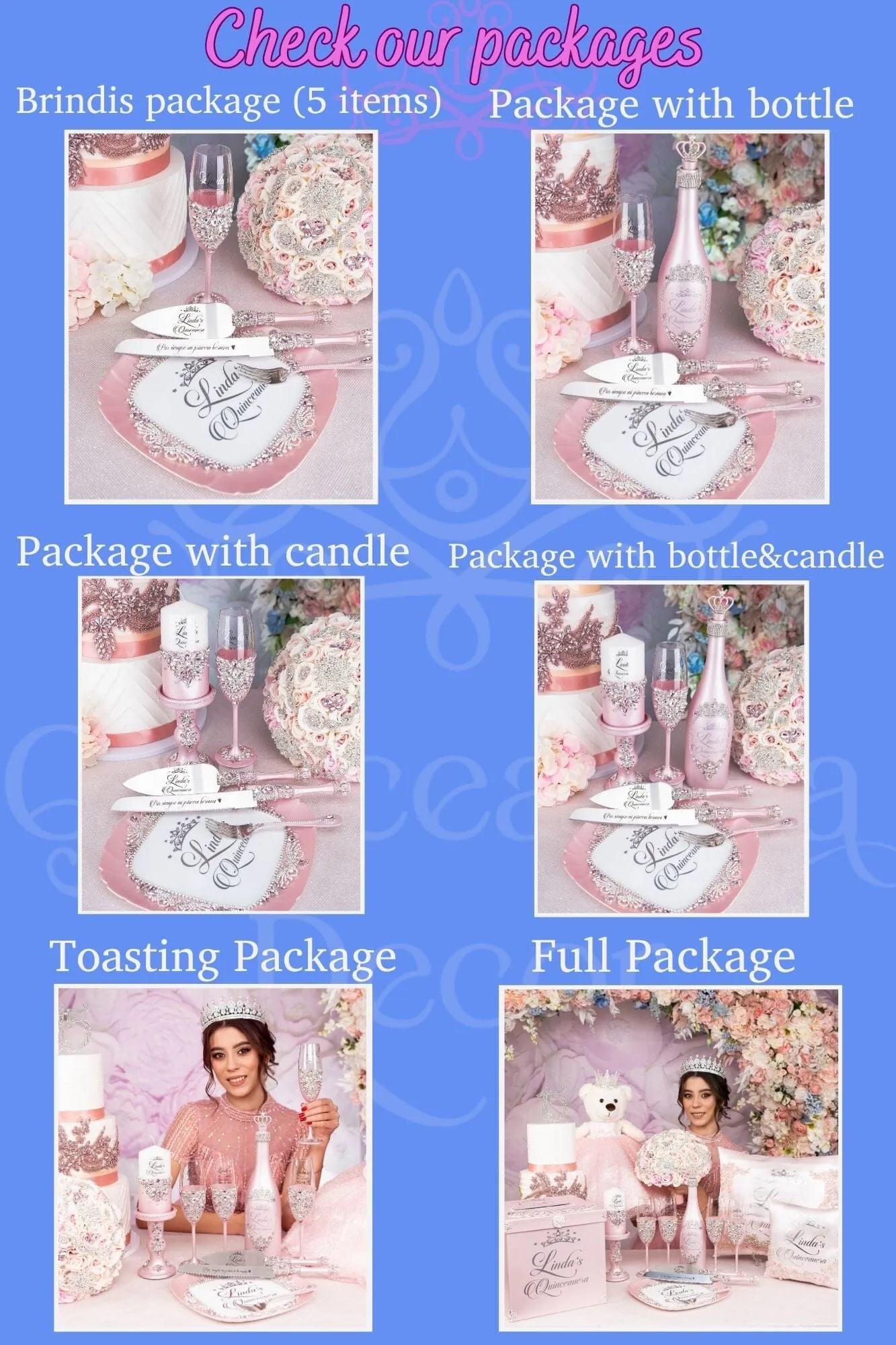 Lilac quinceanera package of bottle, glass and candle