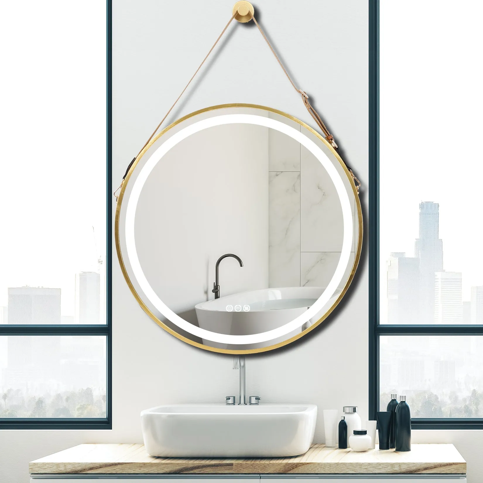 LUVODI Round LED Bathroom Mirror with Gold Frame for Bathroom Bedroom Entryway