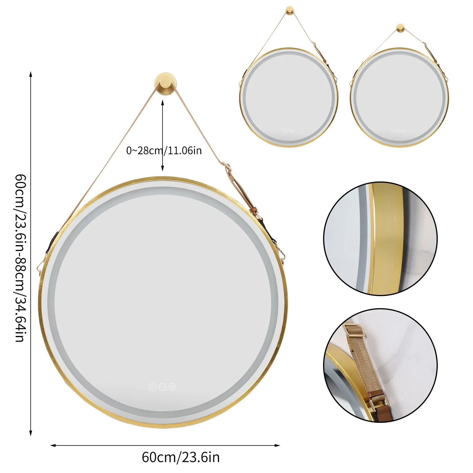 LUVODI Round LED Bathroom Mirror with Gold Frame for Bathroom Bedroom Entryway