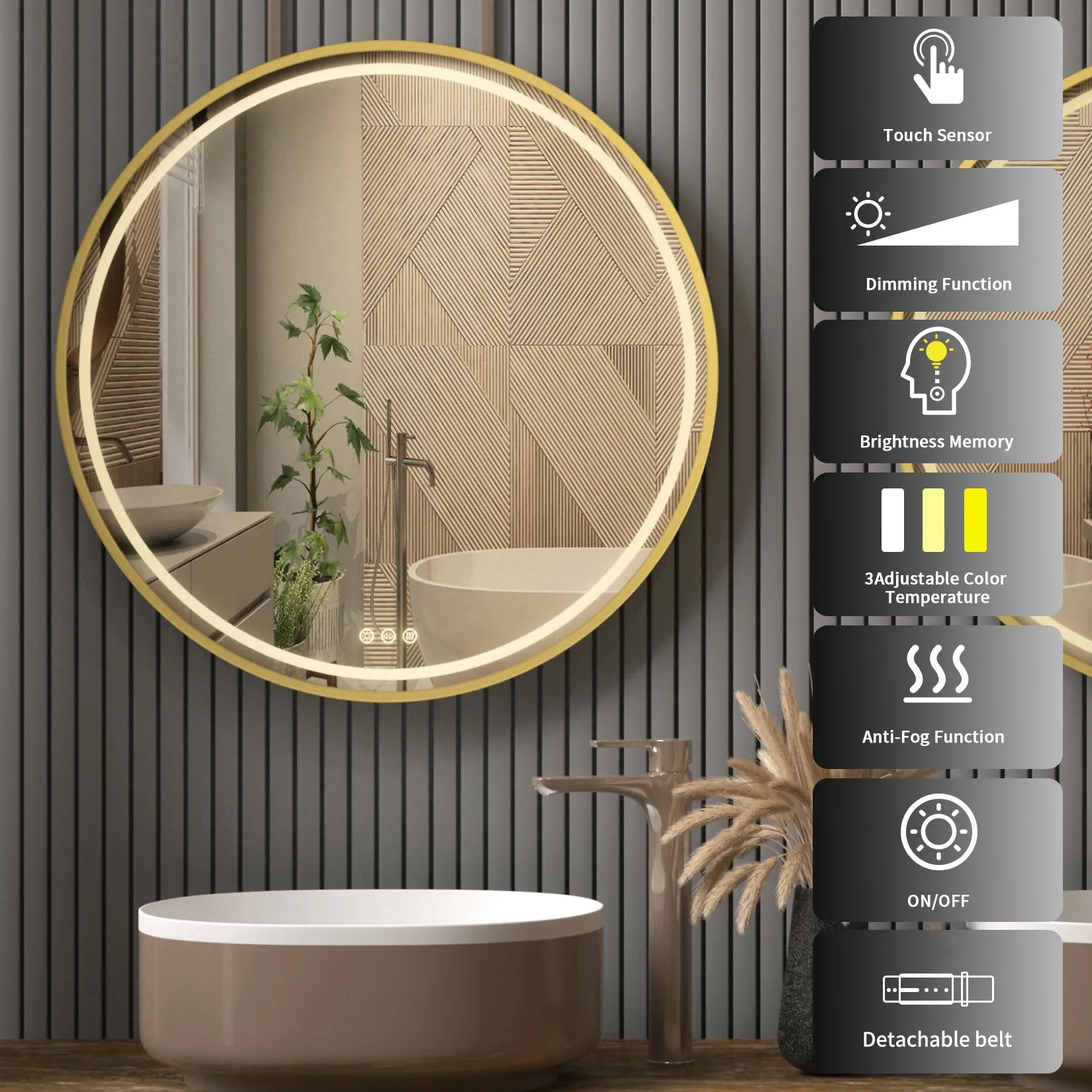 LUVODI Round LED Bathroom Mirror with Gold Frame for Bathroom Bedroom Entryway