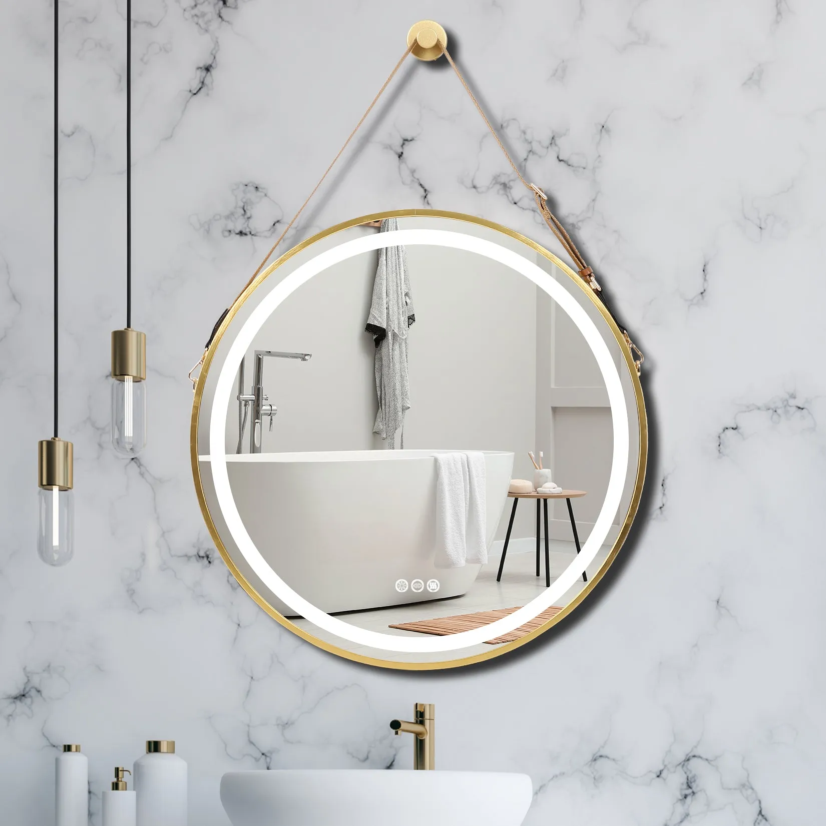 LUVODI Round LED Bathroom Mirror with Gold Frame for Bathroom Bedroom Entryway