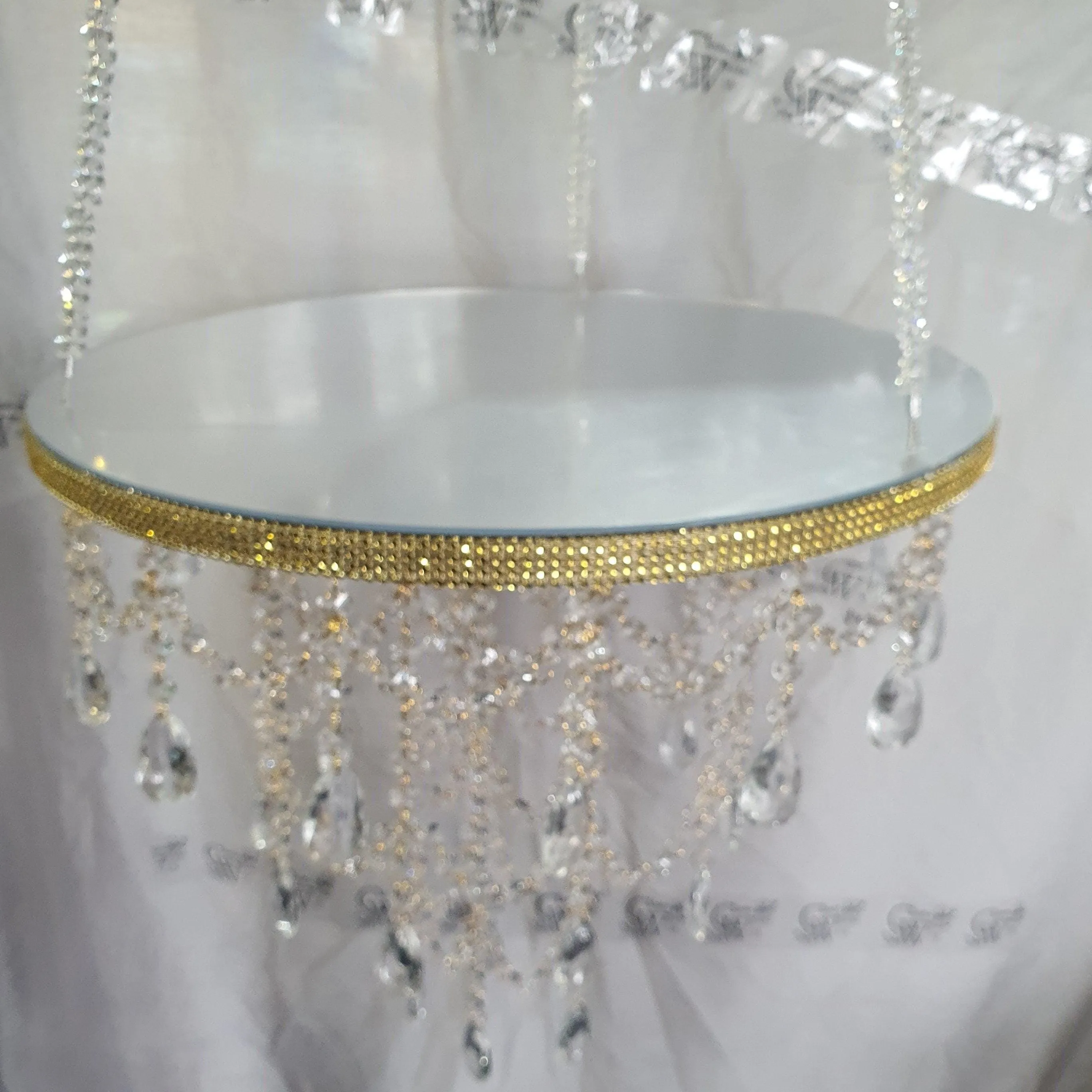 Luxury cake swing,Suspended FAUX CRYSTAL chandelier cake platform, mirror top  remote controlled LED by Crystal wedding uk