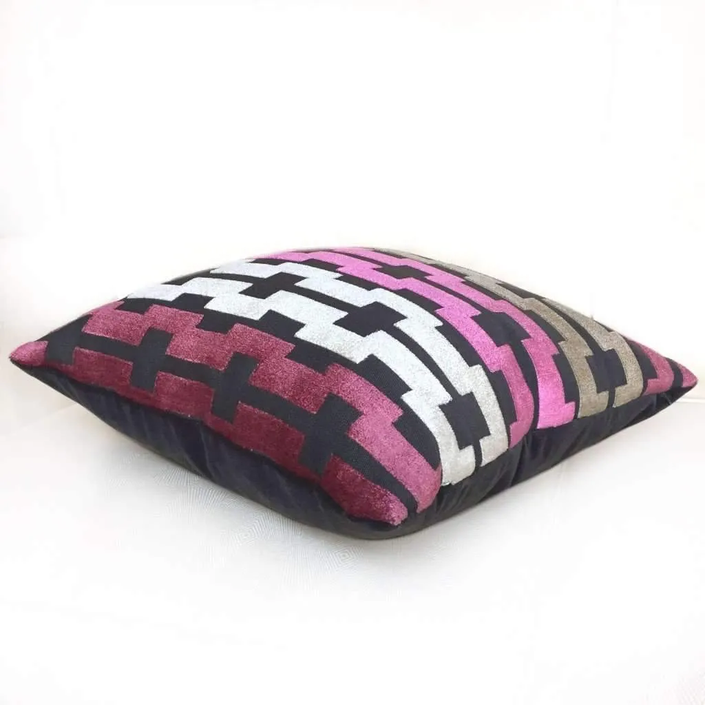 Marlow Pink Cream Taupe Gray Modern Velvet Geometric Stripe Pillow Cover