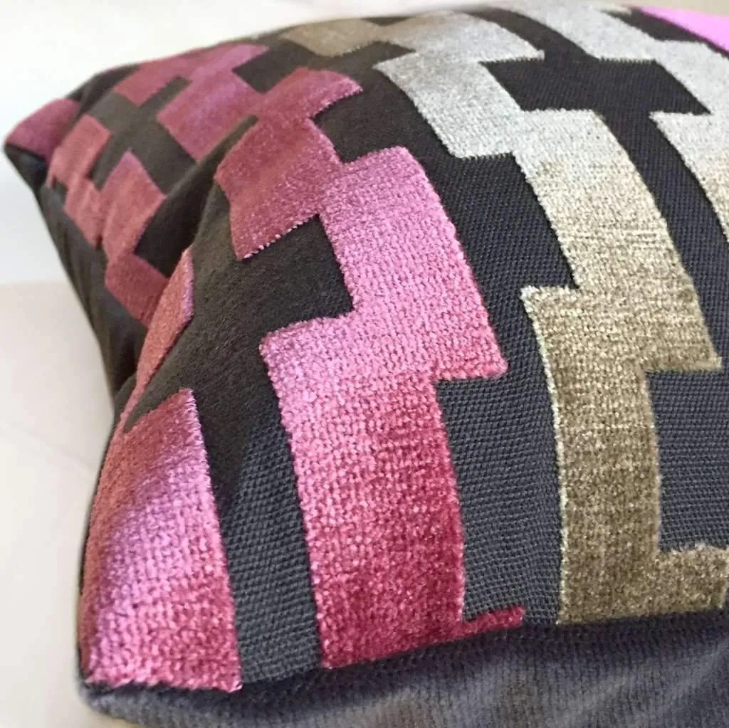 Marlow Pink Cream Taupe Gray Modern Velvet Geometric Stripe Pillow Cover