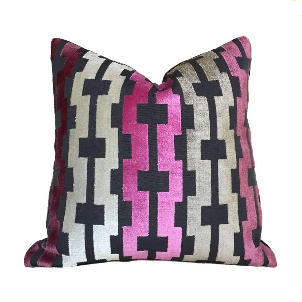 Marlow Pink Cream Taupe Gray Modern Velvet Geometric Stripe Pillow Cover