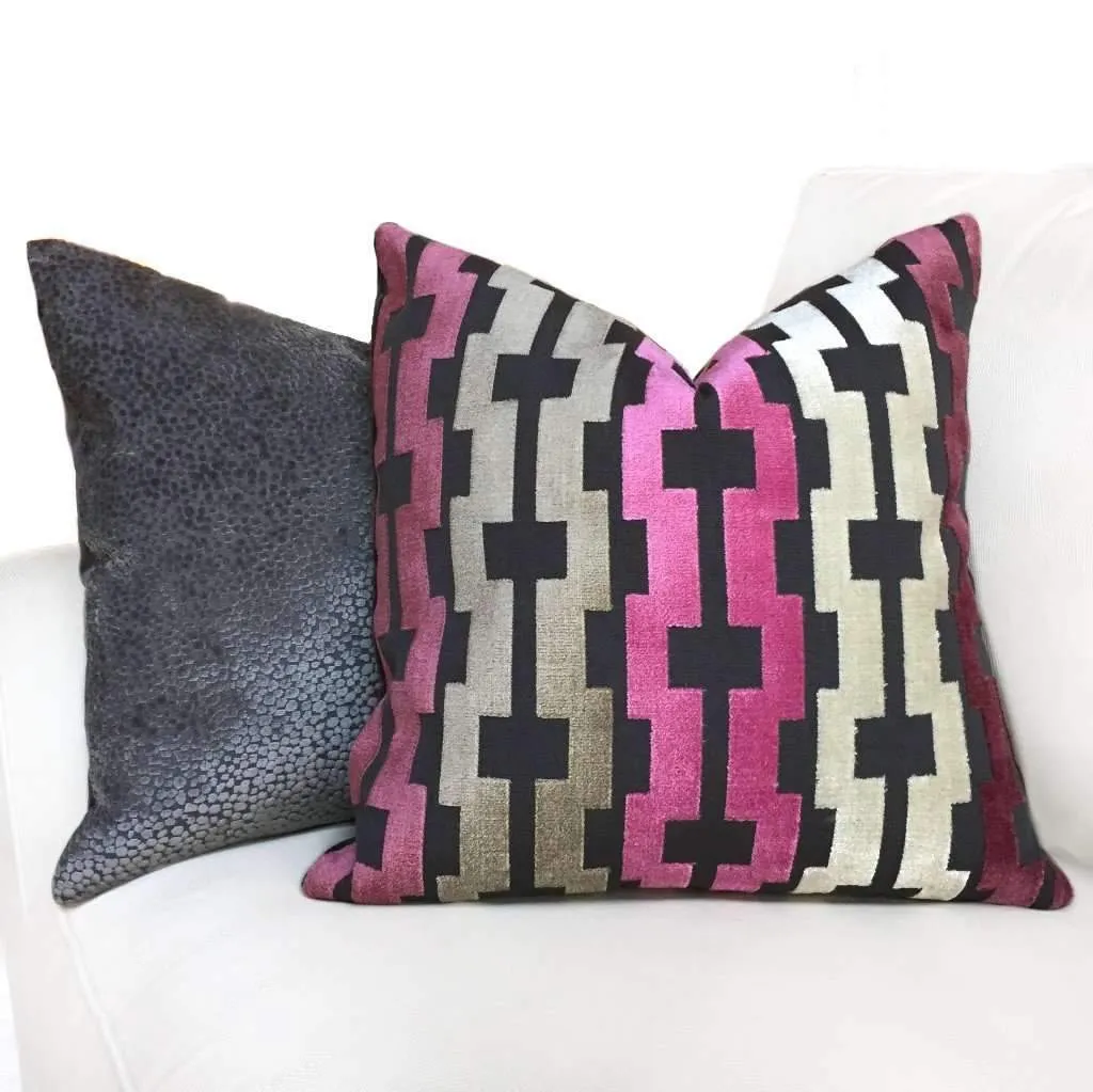 Marlow Pink Cream Taupe Gray Modern Velvet Geometric Stripe Pillow Cover