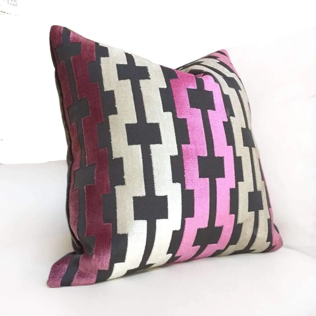 Marlow Pink Cream Taupe Gray Modern Velvet Geometric Stripe Pillow Cover