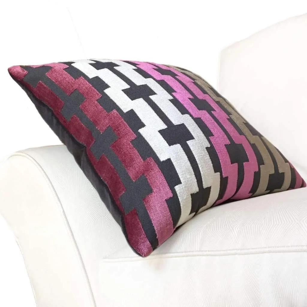 Marlow Pink Cream Taupe Gray Modern Velvet Geometric Stripe Pillow Cover