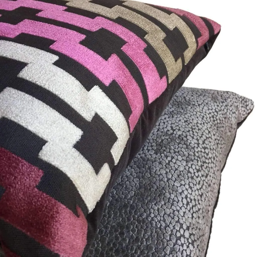 Marlow Pink Cream Taupe Gray Modern Velvet Geometric Stripe Pillow Cover