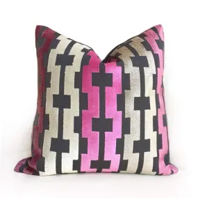 Marlow Pink Cream Taupe Gray Modern Velvet Geometric Stripe Pillow Cover