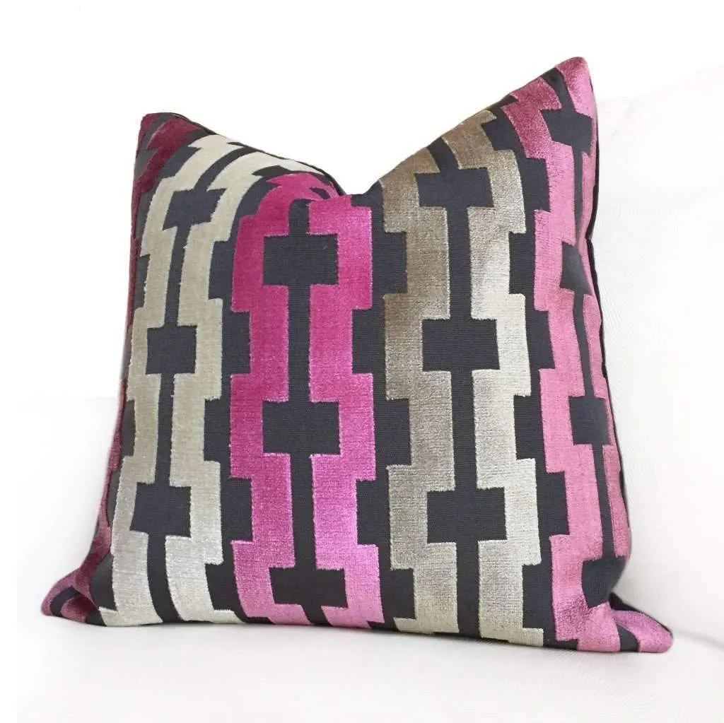 Marlow Pink Cream Taupe Gray Modern Velvet Geometric Stripe Pillow Cover