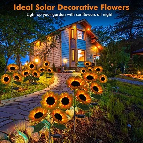 Meagoo Solar Sunflower Lights, 800mA Solar Garden Light with Real Looking Flowers Outdoor Waterproof Solar Stake Lights for Back Yard, Flower Bed, Pathway, Patio, Porch, Fall Decoration (2 Pack)