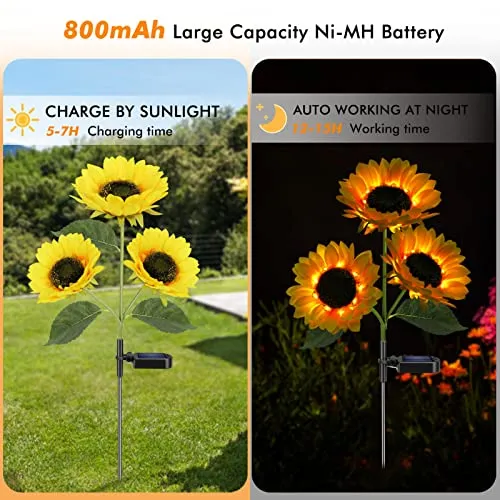 Meagoo Solar Sunflower Lights, 800mA Solar Garden Light with Real Looking Flowers Outdoor Waterproof Solar Stake Lights for Back Yard, Flower Bed, Pathway, Patio, Porch, Fall Decoration (2 Pack)