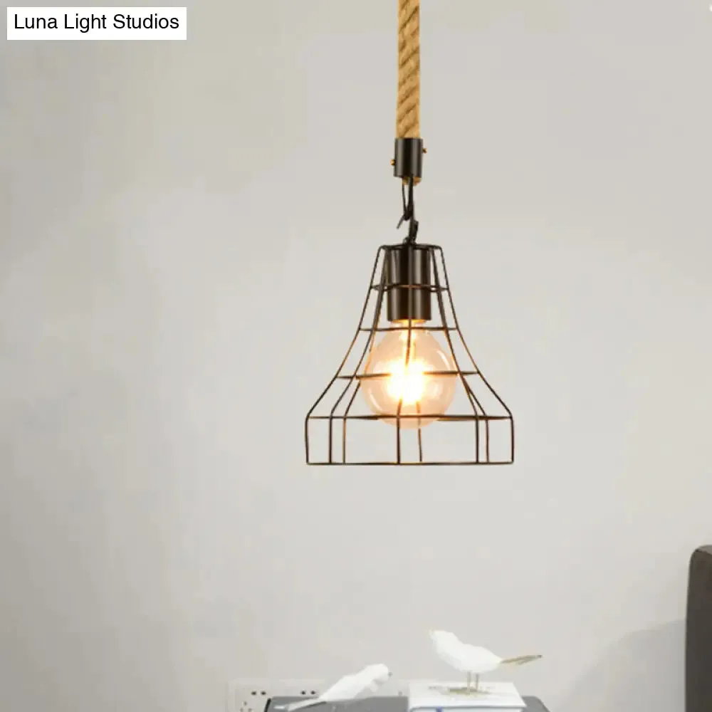 Metal & Rope Hanging Farmhouse Pendant Lamp - Black Globe/Cylinder/Barrel Cage - Dining Room Lighting