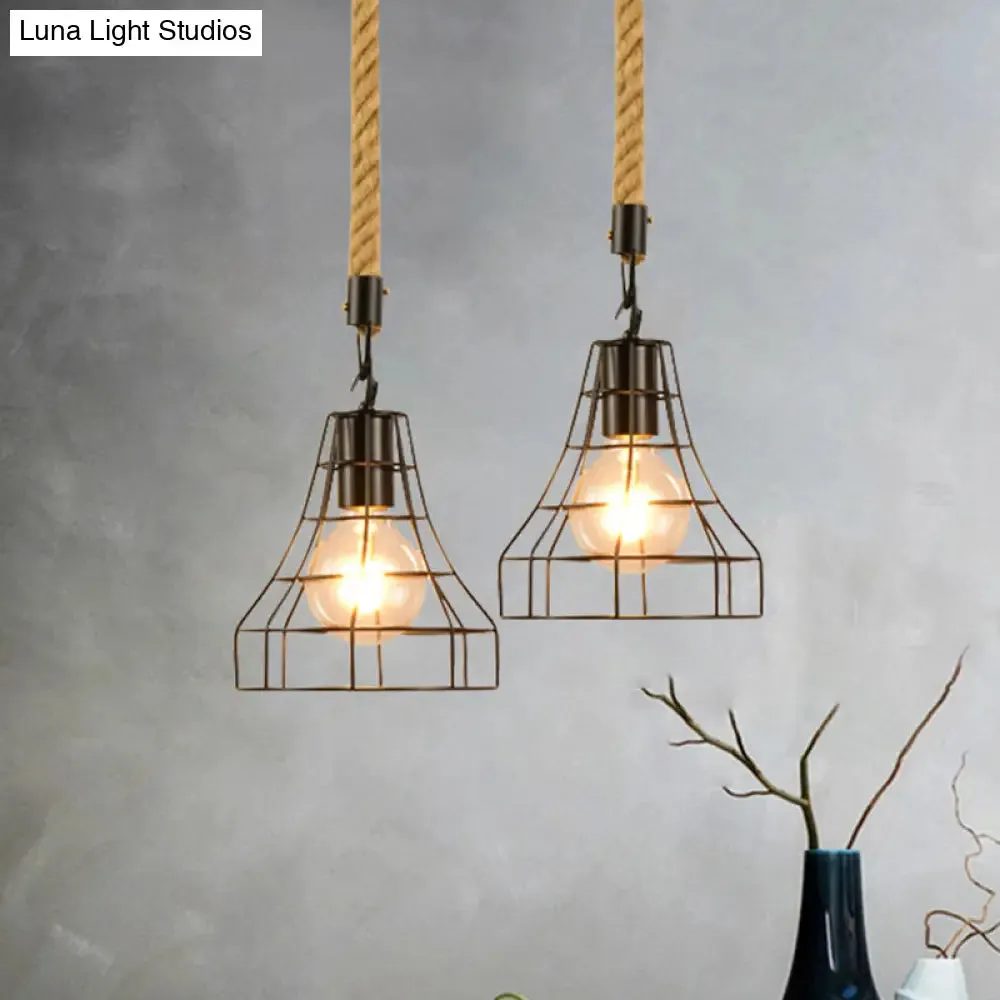 Metal & Rope Hanging Farmhouse Pendant Lamp - Black Globe/Cylinder/Barrel Cage - Dining Room Lighting