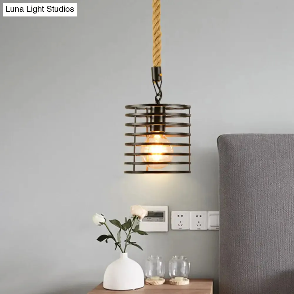 Metal & Rope Hanging Farmhouse Pendant Lamp - Black Globe/Cylinder/Barrel Cage - Dining Room Lighting