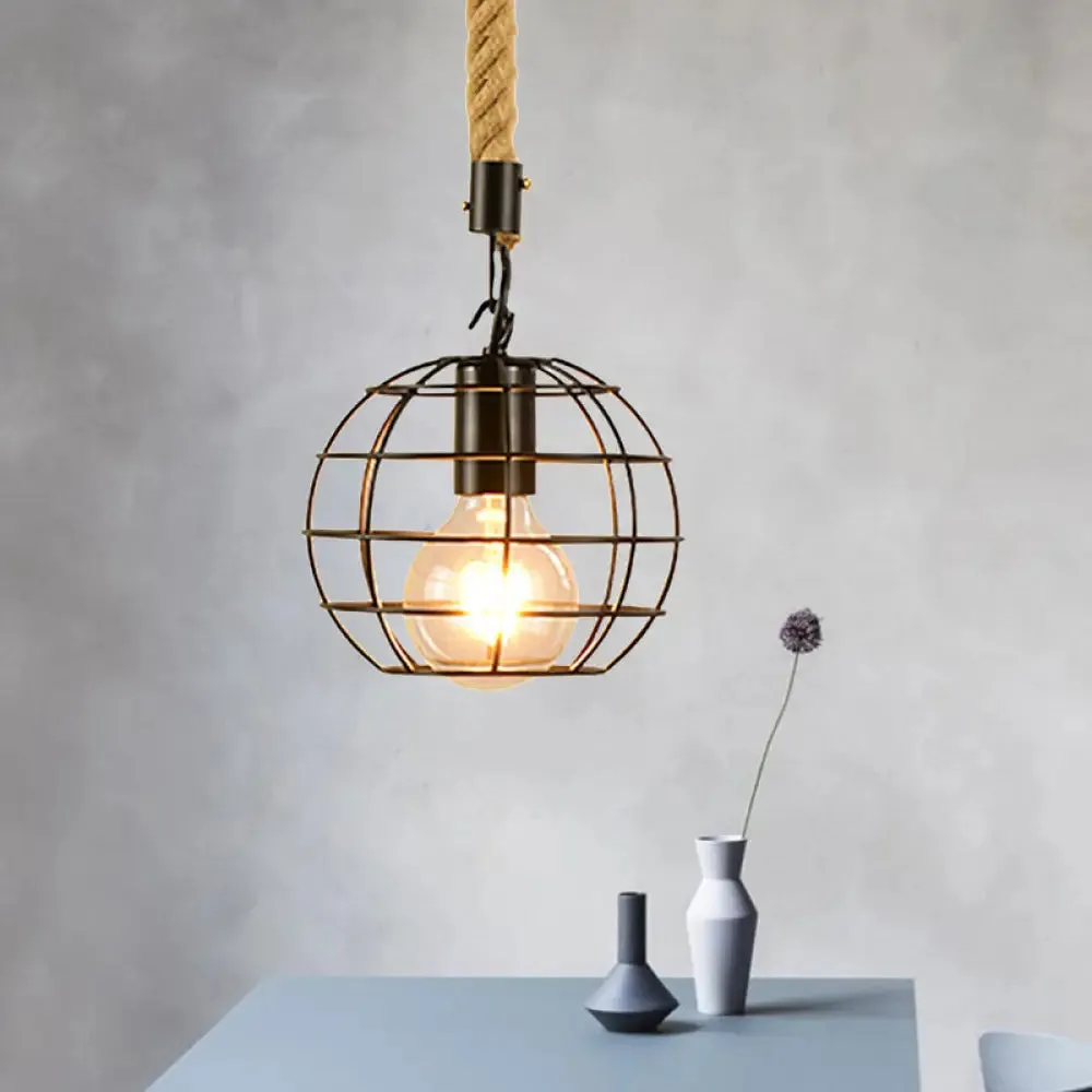 Metal & Rope Hanging Farmhouse Pendant Lamp - Black Globe/Cylinder/Barrel Cage - Dining Room Lighting