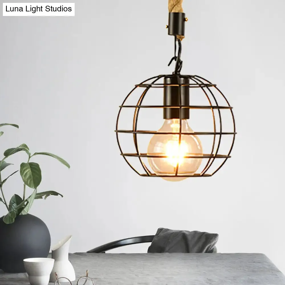 Metal & Rope Hanging Farmhouse Pendant Lamp - Black Globe/Cylinder/Barrel Cage - Dining Room Lighting