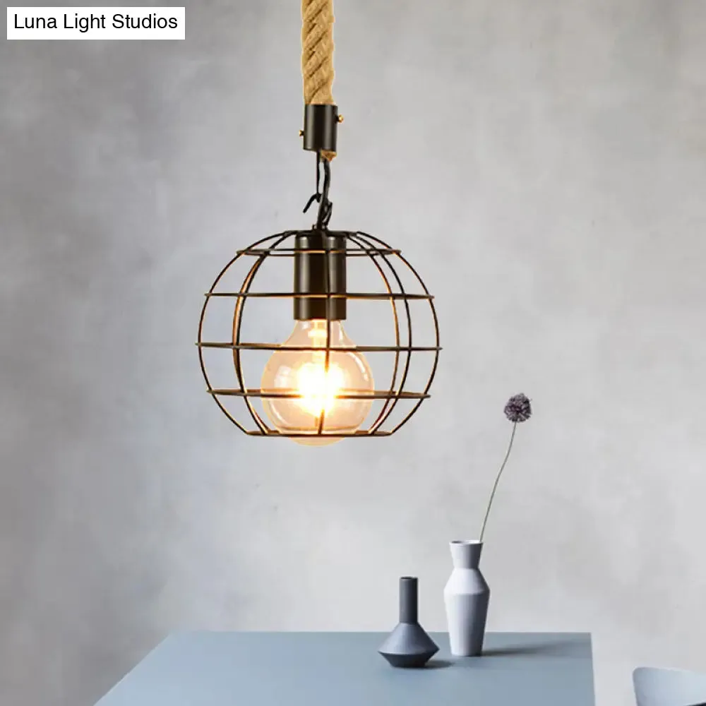 Metal & Rope Hanging Farmhouse Pendant Lamp - Black Globe/Cylinder/Barrel Cage - Dining Room Lighting