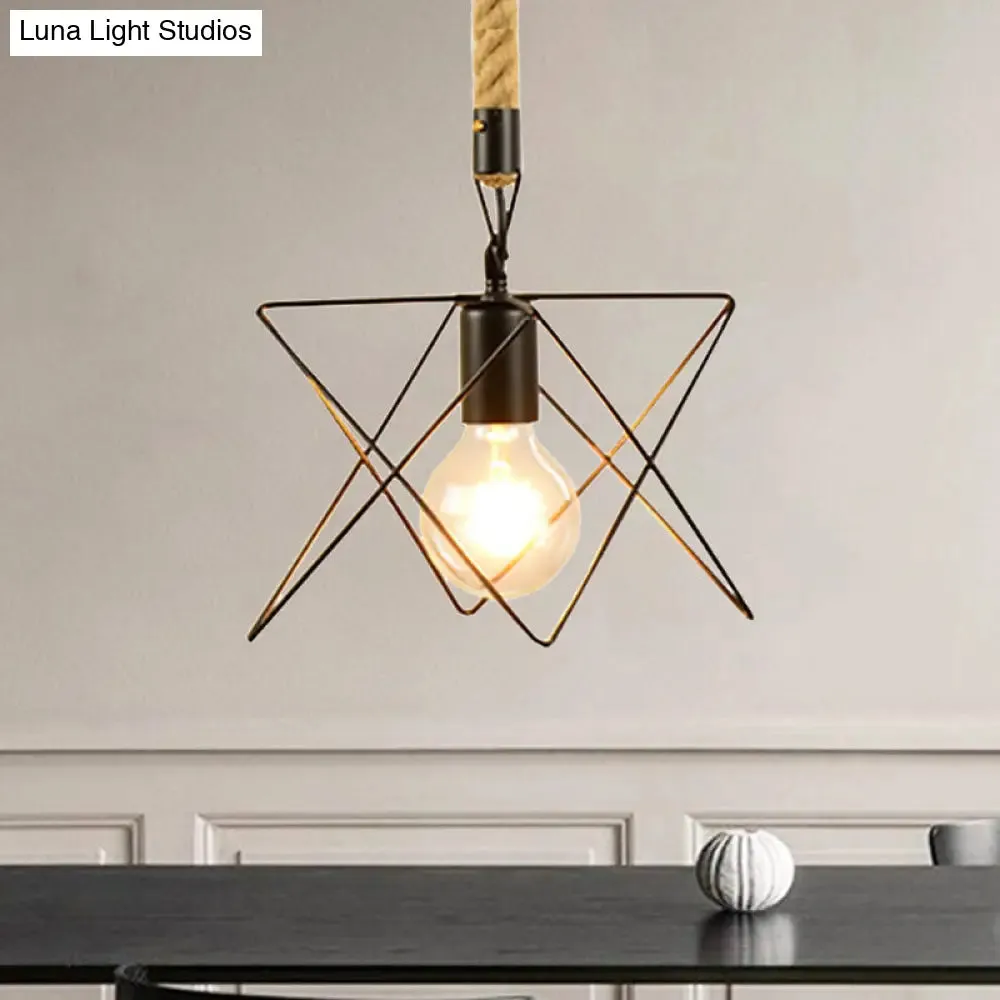 Metal & Rope Hanging Farmhouse Pendant Lamp - Black Globe/Cylinder/Barrel Cage - Dining Room Lighting