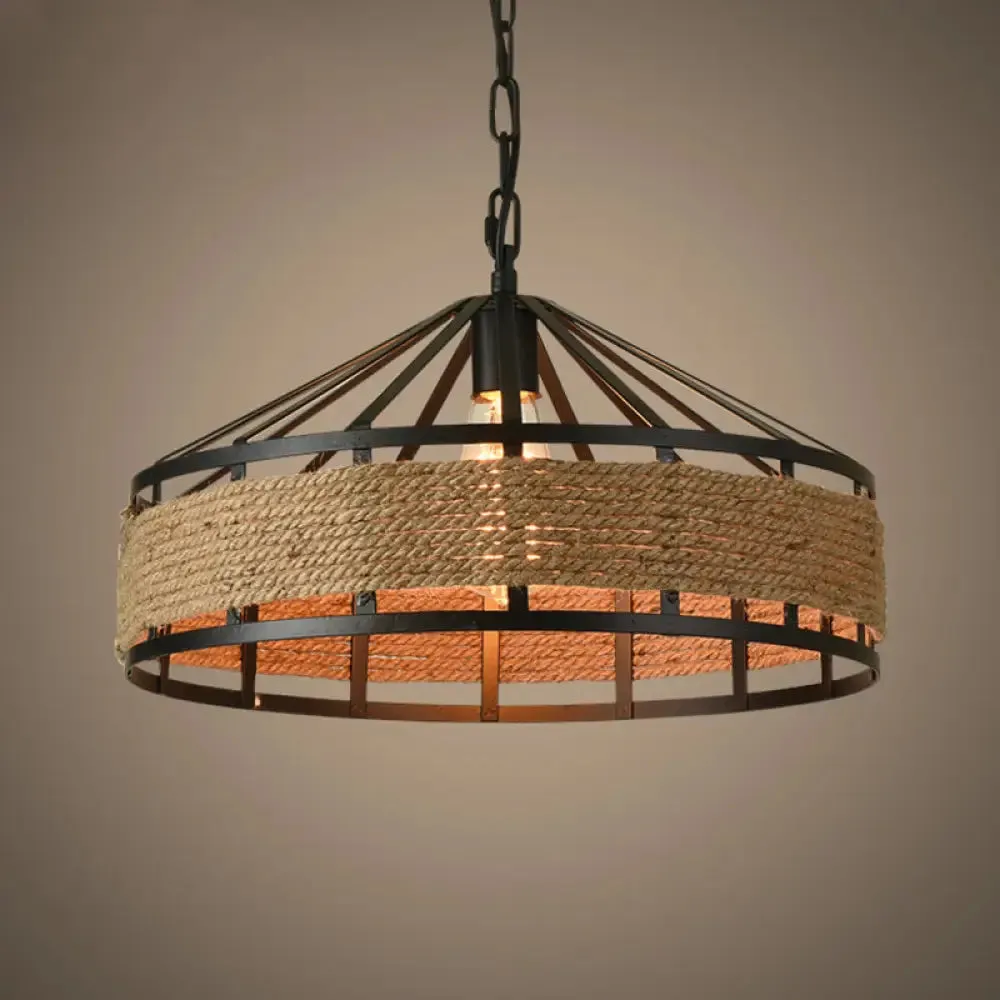 Metal Barn Hanging Ceiling Light: Antiqued 1 Bulb Pendant with Jute Rope Drop, Black - Perfect for Restaurants