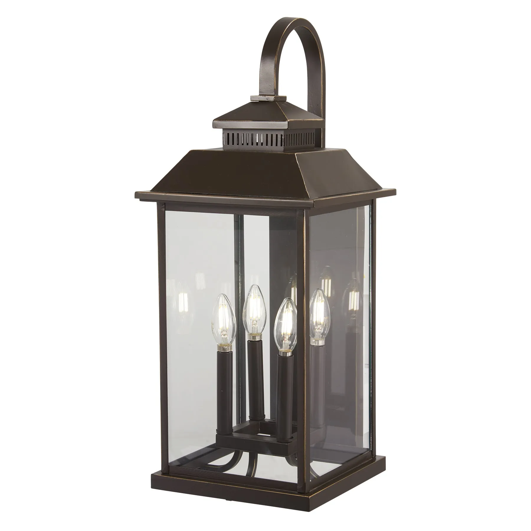 Miner's Loft 4-Light Outdoor Wall Mount in Oil Rubbed Bronze with Gold High & Clear Glass