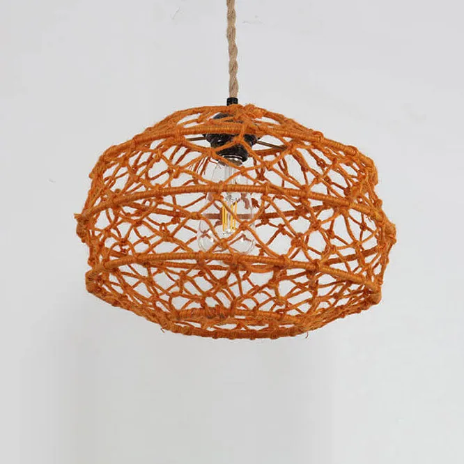 Modern Minimalist Woven Hemp Rope Wrought Iron Lantern 1-Light Pendant Light