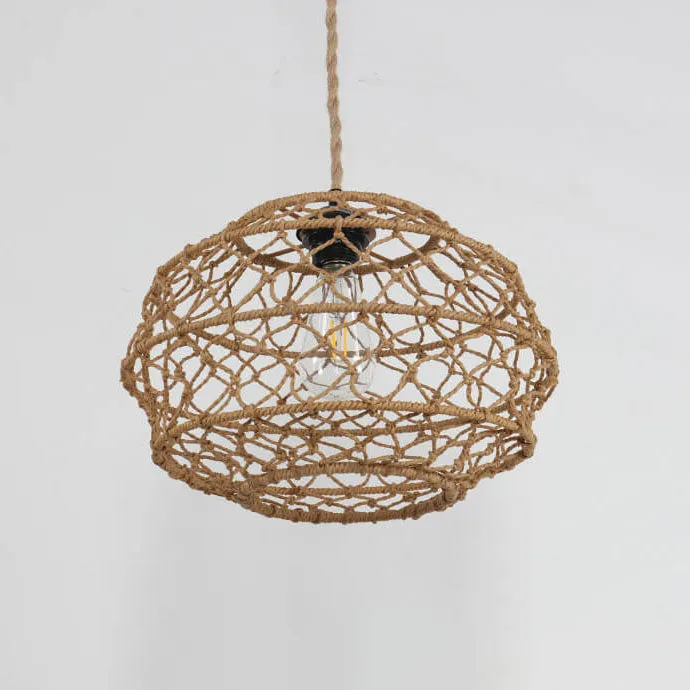 Modern Minimalist Woven Hemp Rope Wrought Iron Lantern 1-Light Pendant Light