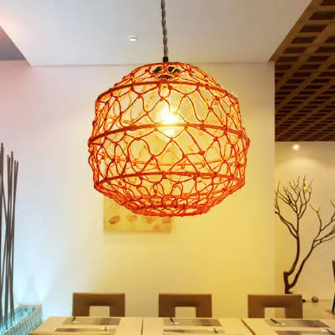 Modern Minimalist Woven Hemp Rope Wrought Iron Lantern 1-Light Pendant Light