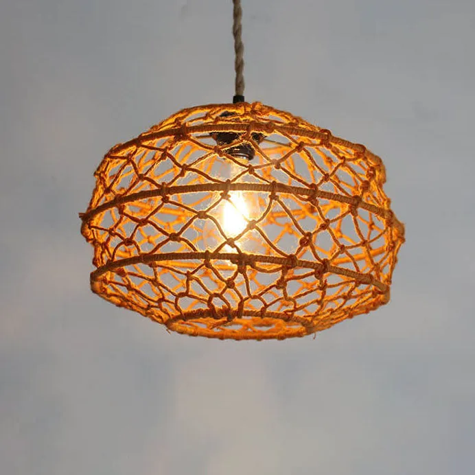 Modern Minimalist Woven Hemp Rope Wrought Iron Lantern 1-Light Pendant Light