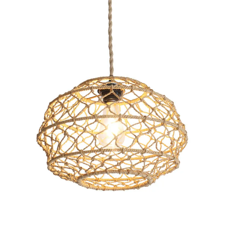 Modern Minimalist Woven Hemp Rope Wrought Iron Lantern 1-Light Pendant Light