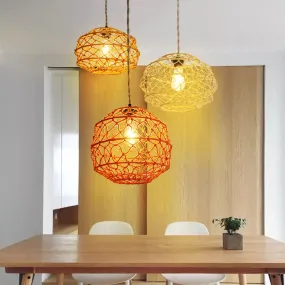 Modern Minimalist Woven Hemp Rope Wrought Iron Lantern 1-Light Pendant Light