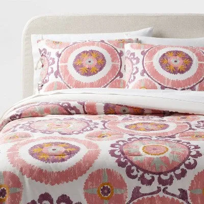 New - King Boho Suzani Print Comforter and Sham Set Ivory/Salmon Orange/Plum