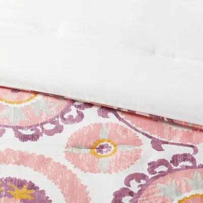 New - King Boho Suzani Print Comforter and Sham Set Ivory/Salmon Orange/Plum