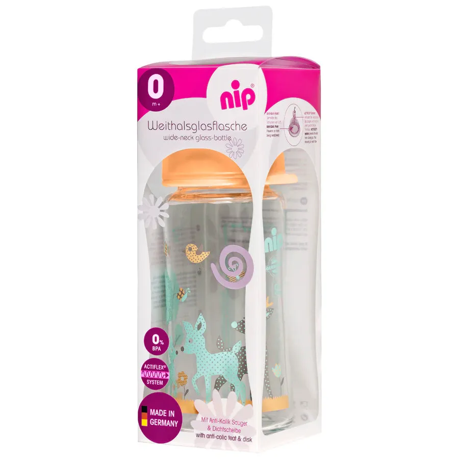 Nip Wide Neck Glass Bottle With Silicone Teat-M 240ml Girl Deer