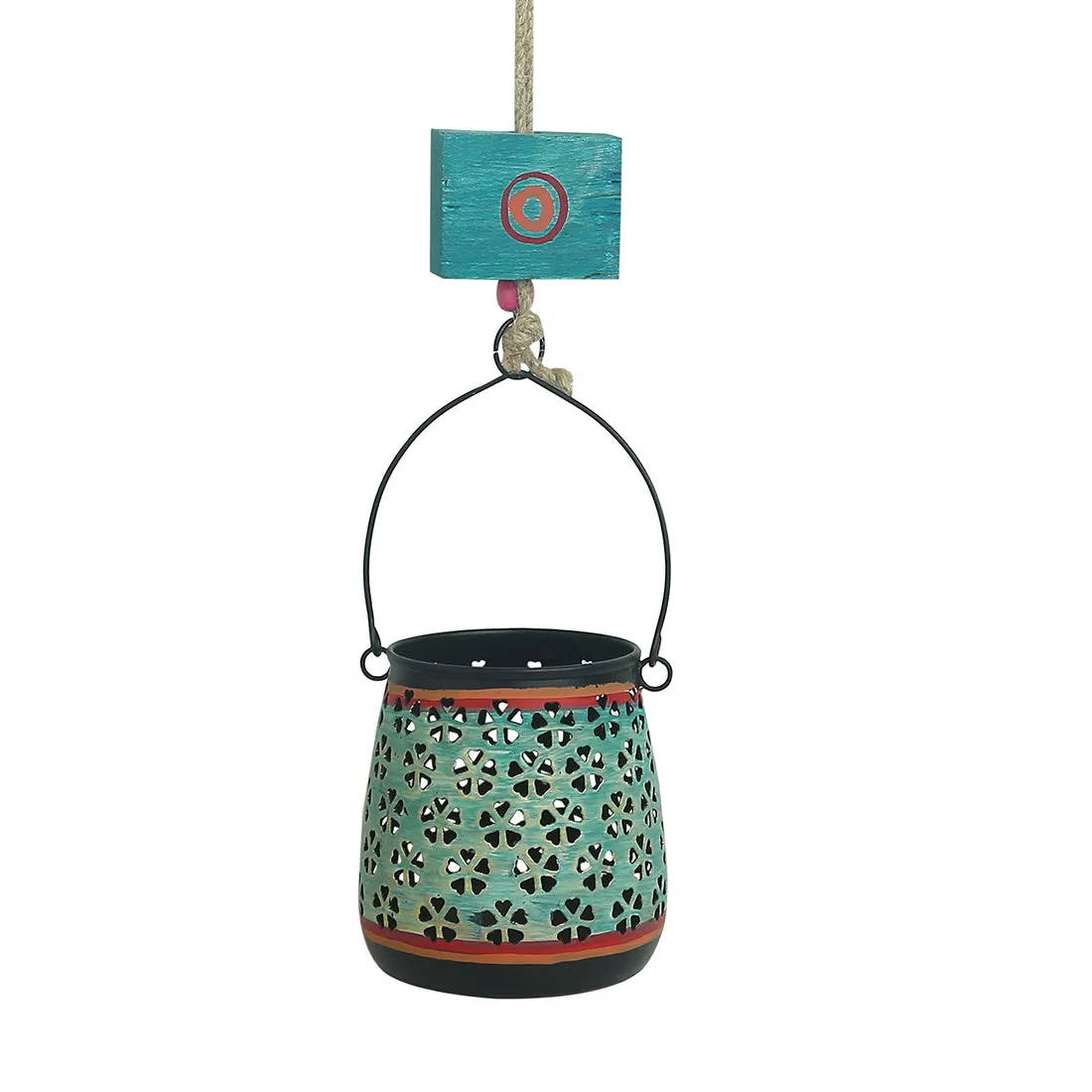 'Oasis Radiance' Hand-Painted Hanging Tea-Light Holder In Iron (Turquoise Blue)