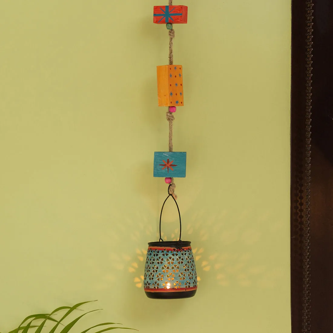 'Oasis Radiance' Hand-Painted Hanging Tea-Light Holder In Iron (Turquoise Blue)