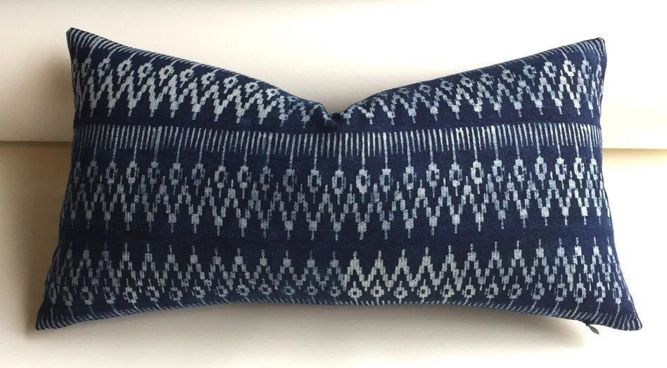 One Indigo Hmong Ethnic Bohemian Lumbar Pillow cover:  12x21 inch / 18 inch pillow / square pillow / Indigo rectangular pillow