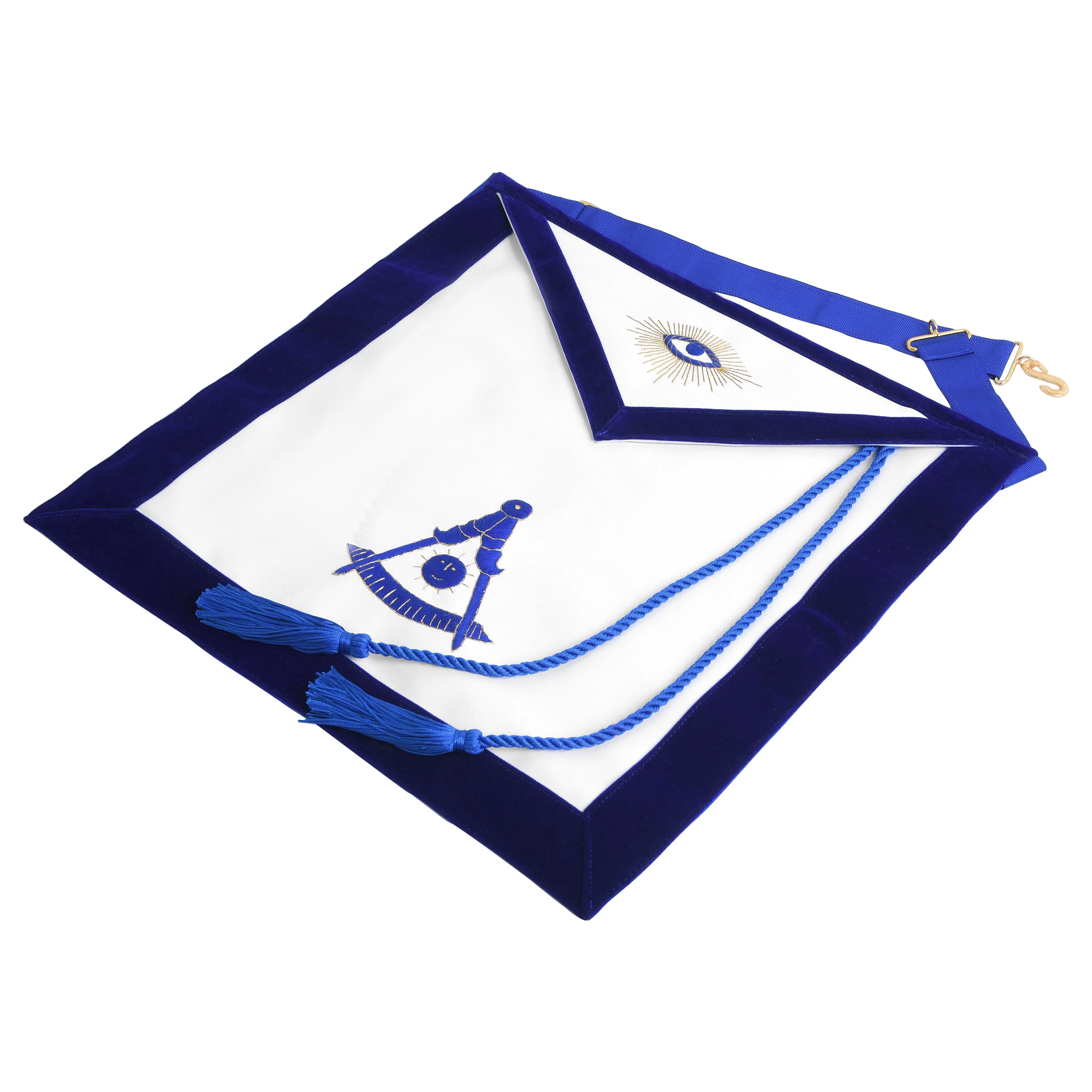 Past Master Blue Lodge California Regulation Apron - Blue Velvet With Hand Threaded Silk