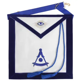 Past Master Blue Lodge California Regulation Apron - Blue Velvet With Hand Threaded Silk